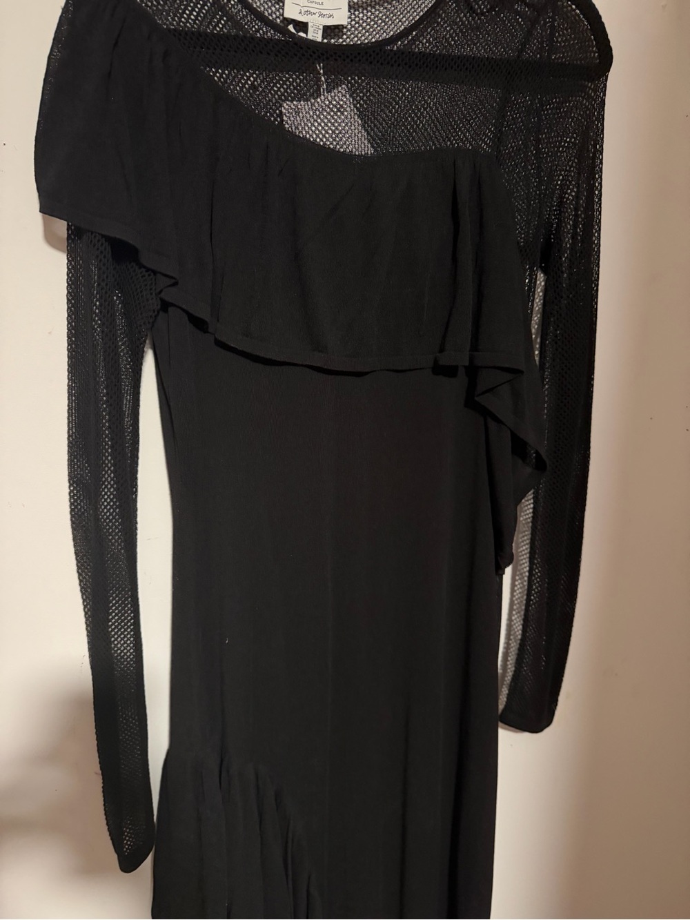 NWT other stories Black One-Shoulder Ruffle Mesh Sleeve Dress